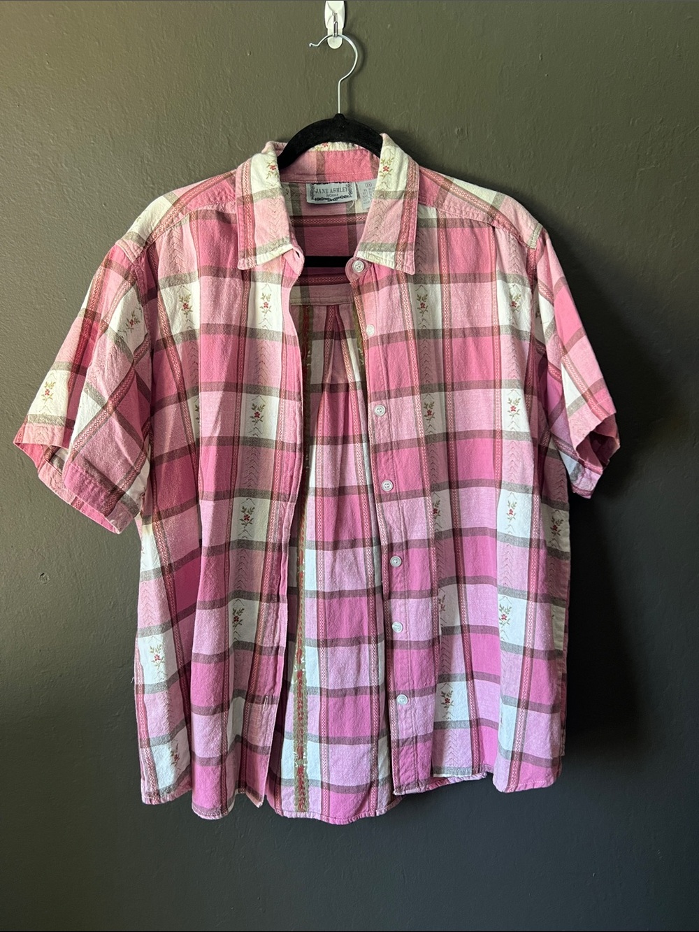 Jane Ashley Pink Plaid Short-Sleeve Button Down Shirt vintage 100% cotton